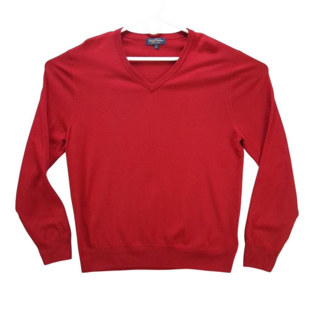 Brooks Brothers Mens V-Neck Saxxon Wool Sweater Red Large Minimalist Preppy